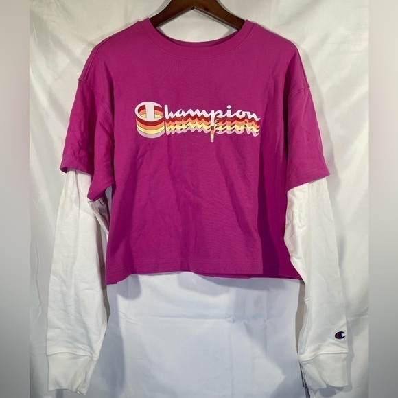 Champion Cropped Top Womens T Shirt Pink White Long Sleeve Size Large - Picture 4 of 9